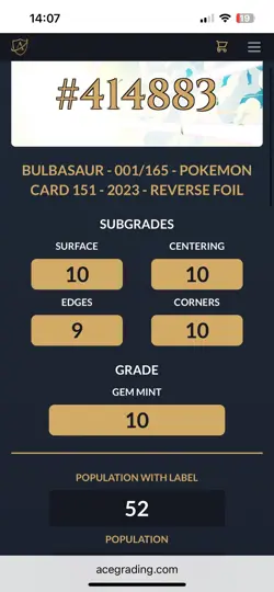 ACE 10 Sequential Set Bulbasaur Charmander Squirtle Master Ball Pokemon Card 151 - Image 3