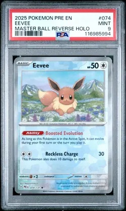 2025 POKEMON PRE EN-PRISMATIC EVOLUTIONS MASTER BALL REVERSE HOLO EEVEE PSA 9 - Image 1