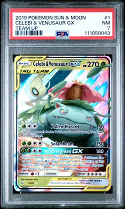 2019 POKEMON SUN & MOON TEAM UP #1 CELEBI & VENUSAUR GX PSA 7 - Image 1