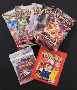 Pokemon TCG Sealed Booster Packs x5 Plus 2 Sticker Packs - Image 1