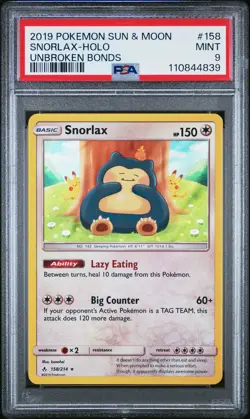 2019 POKEMON SUN & MOON UNBROKEN BONDS #158 SNORLAX-HOLO PSA 9 - Image 1