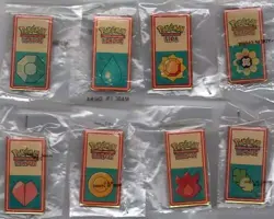 POKEMONT KANTO LEAGUE 1ST COMPLETE YELLOW FACE SET OF 8 BADGE PINS BONUS! 2000 - Image 1