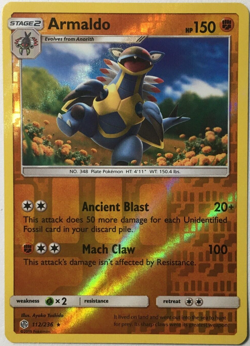 Pokemon -ARMALDO 112/236 - Rare - Reverse Holo - Cosmic Eclipse - NM/M - Image 1