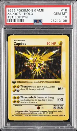 1999 POKEMON BASE SET 1ST EDITION #16 ZAPDOS-HOLO PSA 10 - Image 1