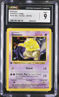 CGC 9 MINT Drowzee 1999 Base Set 1st Edition Shadowless 49/102 Pokemon Card - Image 1