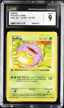 CGC 9 MINT Koffing 1999 Base Set 1st Edition Shadowless 51/102 Pokemon Card - Image 1