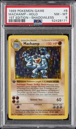 1999 POKEMON BASE SET 1ST EDITION-SHADOWLESS #8 MACHAMP-HOLO PSA 8 - Image 1