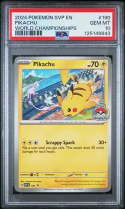 2024 POKEMON SVP EN-SV BLACK STAR PROMO WORLD CHAMPIONSHIPS #190 PIKACHU PSA 10 - Image 1