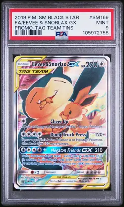 2019 POKEMON SM BLACK STAR PROMO TAG TEAM TINS FULL ART/EEVEE & SNORLAX GX PSA 9 - Image 1