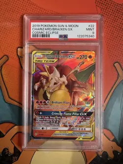 PSA 9 Pokemon TCG Charizard & Braixen GX Holo Ultra Rare Cosmic Eclipse 22/236 - Image 1