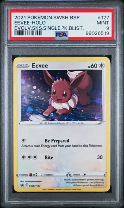 2021 POKEMON SWSH127 EEVEE HOLO EVOLVING SKIES SINGLE PK BLIST PROMO PSA MINT 9 - Image 1