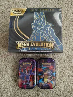 Pokemon TCG Mega Evolutions ETB Lucario + 2 Tins Factory Sealed - Image 1