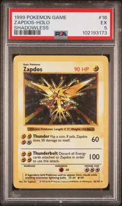 1999 POKEMON BASE SET SHADOWLESS #16 ZAPDOS-HOLO PSA 5 - Image 1