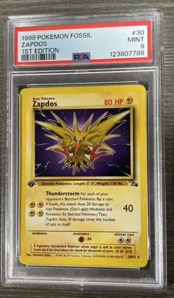 1999 POKEMON FOSSIL 1ST EDITION #30 ZAPDOS PSA 9 - Image 1