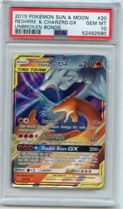 2019 POKEMON SUN & MOON UNBROKEN BONDS #20 RESHIRAM & CHARIZARD GX PSA 10 - Image 1