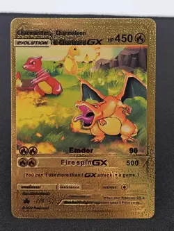 Gold Foil Pokemon Charmander, Charmeleon, & Charizard GX Card HP 450 2020 - Image 1
