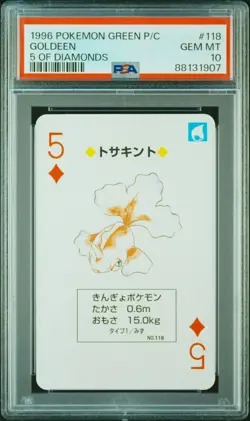 1996 POKEMON GREEN VERSION PLAYING CARDS 5 OF DIAMONDS #118 GOLDEEN PSA 10 - Image 1