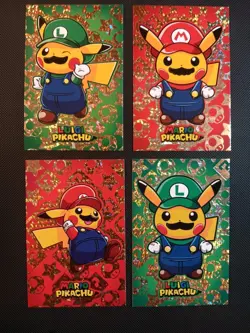 Pokemon 2024 Card Database Christmas Set Mario Luigi Pikachu 4x Set Gold Foil - Image 1