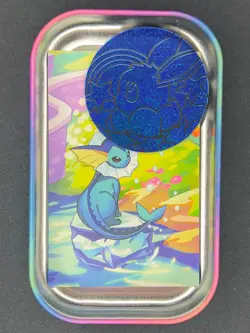 Vaporeon Prismatic Evolutions Mini Tin - Opened (NO PACKS) w/ Art Card + Coin - Image 2