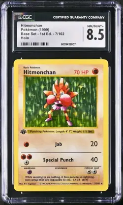Pokemon Hitmonchan 7/102 1st Edition Shadowless Base Holo Rare CGC 8.5 - Image 1