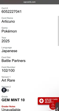 Pokemon Graded Slab - Articuno 102/100 (Japanese) CGC Grade 10 Gem Mint - Image 3