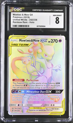 CGC 8 Mewtwo & Mew GX 2019 Unified Minds 242/236 Rainbow Rare Holo Pokemon Card - Image 1