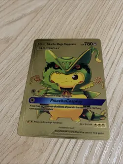 Poncho Pikachu Rayquaza Tag Cosplay Pokemon Gold Foil Ultra Rare Fan Art Card - Image 1