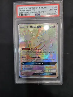 2018 POKEMON SUN & MOON CELESTIAL STORM SECRET #173 FULL ART/MR. MIME GX PSA 10 - Image 1