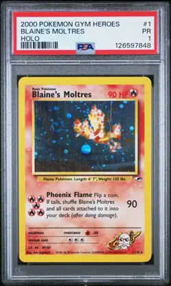 PSA 1 2000 Pokemon Gym Heroes #1 Blaine's Moltres Holo Swirl - Image 1