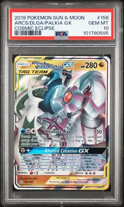 2019 POKEMON SUN & MOON COSMIC ECLIPSE #156 ARCEUS & DIALGA & PALKIA GX PSA 10 - Image 1