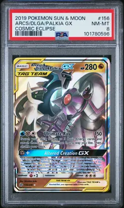 2019 POKEMON SUN & MOON COSMIC ECLIPSE #156 ARCEUS & DIALGA & PALKIA GX PSA 8 - Image 1