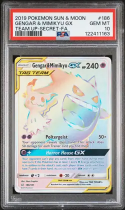 2019 POKEMON SUN & MOON TEAM UP SECRET #186 FULL ART/GENGAR & MIMIKYU GX PSA 10 - Image 1