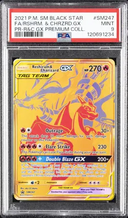 2021 POKEMON SM BLACK STAR PROMO #SM247 FULL ART/RESHIRAM & CHARIZARD GX PSA 9 - Image 1