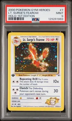 Pokemon Lt. Surge's Fearow Gym Heroes 1st Edition Holo Rare #7 PSA 9 SWIRL - Image 1