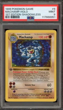 Pokemon Machamp Base Set Shadowless 1st Edition Holo Rare #8 PSA 9 Mint - Image 1