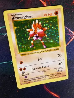 LP(Shadowless) Pokemon HITMONCHAN Card BASE 7/102 Holo Rare Semi Off Center OC#6 - Image 1