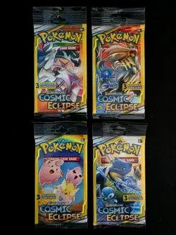 Pokemon Sun & Moon Cosmic Eclipse (4) 3-Card Booster Packs Art Set 2019 Sealed - Image 1