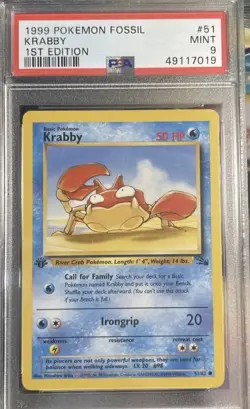 1999 Fossil 1st Edition Fossil Krabby PSA 9 MINT 51/62 WOTC Pokemon Card 🦀 - Image 1