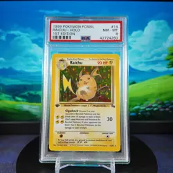 1999 POKEMON FOSSIL 1ST EDITION #14 RAICHU-HOLO PSA 8 - Image 1