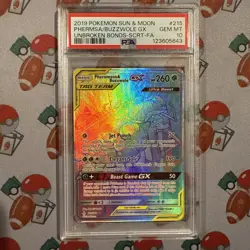 2019 Pokemon Sun Moon Unbroken Bonds Buzzwole GX Pheromosa #215 Secret PSA 10 - Image 1