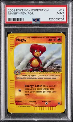 2002 POKEMON EXPEDITION #17 MAGBY-REVERSE FOIL PSA 9 - Image 1