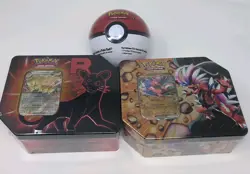 Lot Of 3 Pokemon TCG Tins Team Rocket, Slashing Legends & Pokeball Sealed - Image 1