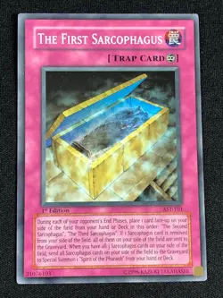 YUGIOH THE FIRST SARCOPHAGUS AST-101 1ST SUPER NM - Image 1