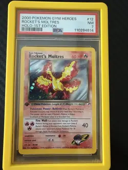 2000 Eng. Pokemon PSA 7 NM Gym Heroes 1st Edition ROCKET'S MOLTRES Holo 12/132 - Image 1