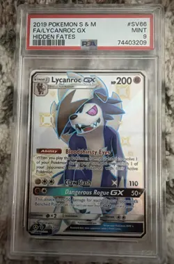 2019 Pokemon SM Hidden Fates Lycanroc GX Rare Shiny Full Art #SV66/SV94 PSA 9 - Image 1