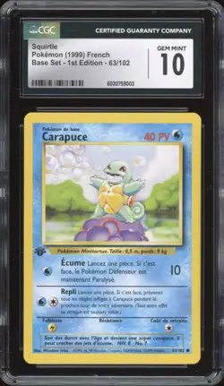 1999 Pokemon FRENCH 1st Edition Base Set Carapuce-Squirtle 63/102 CGC 10 GEM - Image 1