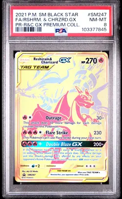 2021 POKEMON SM BLACK STAR PROMO #SM247 FULL ART/RESHIRAM & CHARIZARD GX PSA 8 - Image 1
