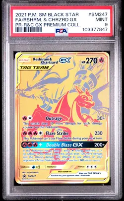 2021 POKEMON SM BLACK STAR PROMO #SM247 FULL ART/RESHIRAM & CHARIZARD GX PSA 9 - Image 1