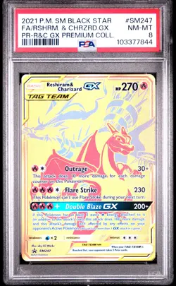 2021 POKEMON SM BLACK STAR PROMO #SM247 FULL ART/RESHIRAM & CHARIZARD GX PSA 8 - Image 1