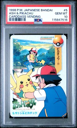 1998 POKEMON JPN BANDAI CARDDASS VENDING #5 ASH & PIKACHU PSA 10 - Image 1